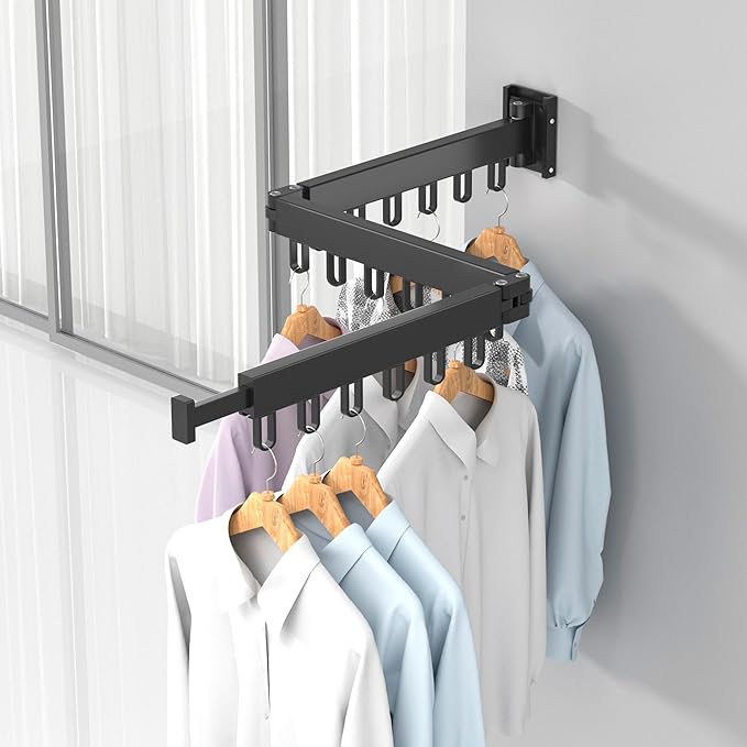 Wall Mounted Clothes Hanger Rack Folding Wall Mounted Clothes Hanger for Laundry (3U Black)