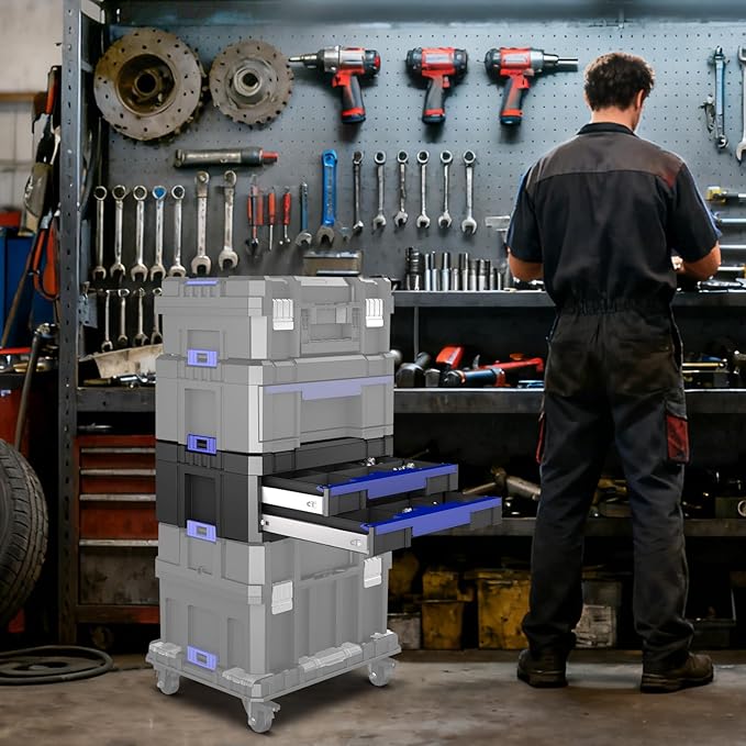 18 Inch Tool Box with Double Drawers | AIRAJ Stackable Modular Tool Organizer Box Storage System | Garage Storage | Home Repair | Professional Use | (SC1-B)