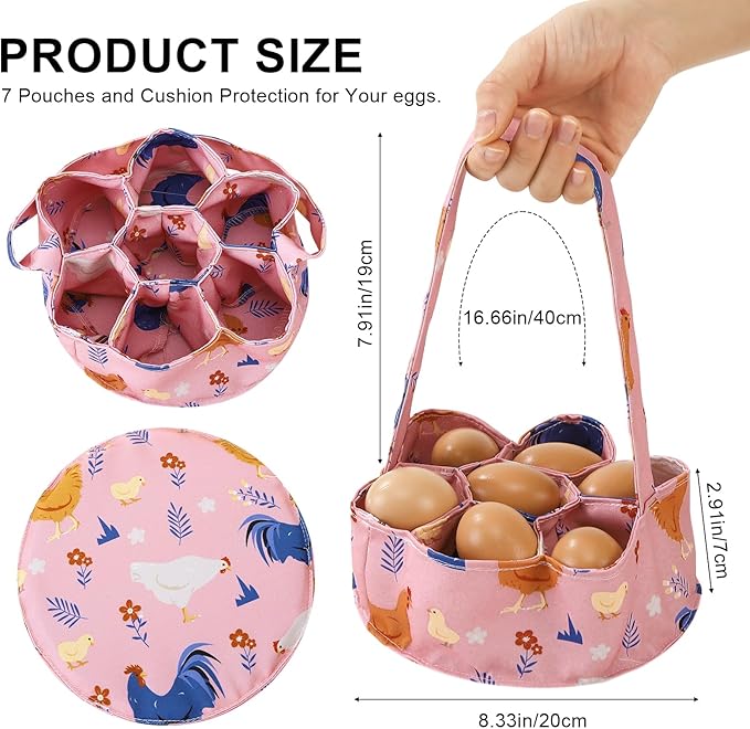Egg Collecting Basket, Canvas Egg Basket for Gathering with 7 Pouches for Chicken, Duck, Goose, Bird, Various Poultry Collection (Cartoon Chicken Style 1)