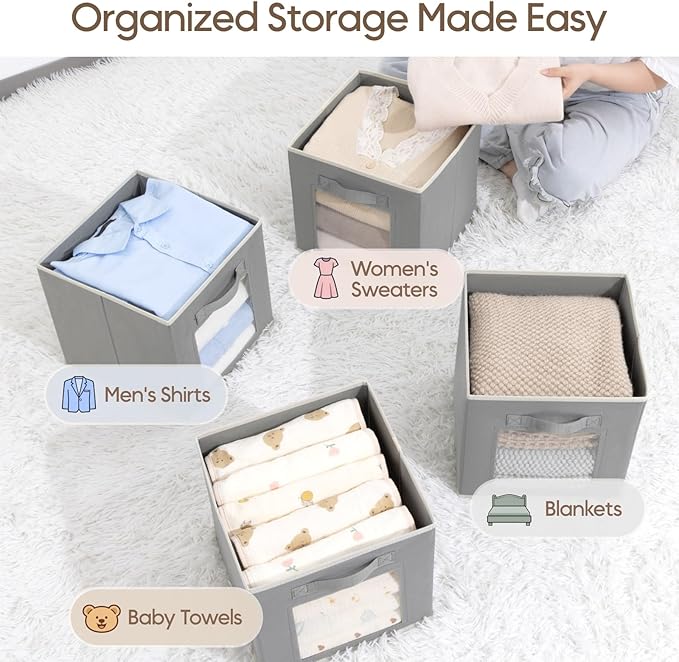 Homsorout Storage Cube 11 Inch - Cube Storage Bins with Window, Closet Storage Baskets with Handle, Fabric Bins for Closet, Shelves, Toys, Clothes, Set of 6, Grey