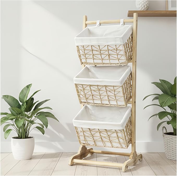 3-Tier basket stand Woven Floor Shelf Stackable Baskets, Multi-story wicker Storage Organizer,Multipurpose Rattan Rack for Bedroom Living Room Kitchen, Holds Toys Books Cans, Bohemian Home Decor
