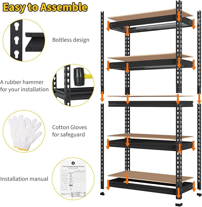 Heavy Duty Storage Shelves 5-Tier Shelving Unit, 2500 LBS Capacity Metal Rack for Garage Kitchen Pantry, Adjustable Shelves, 35" L x 18" W x 72" H