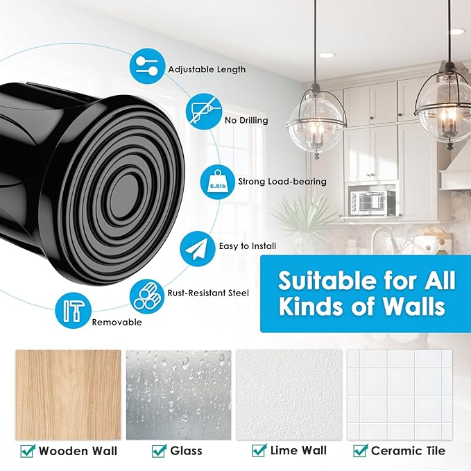 MEXAU Black Tension Curtain Rod 16.5-28 inch Spring Tension Rod Adjustable Spring Rod Extendable Tension Rod for Kitchen, Bathroom, Window, Bookshelf