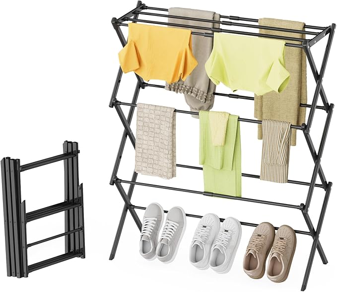 STARLATTA Drying Rack Clothing, 3-Tier Clothes Drying Rack Foldable Use for Indoor & Outdoor Antirust Laundry Drying Rack Collapsible Black 28" L x 35" H x 10" W