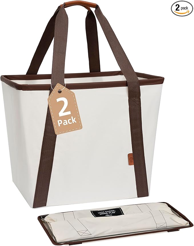 STORAGE MANIAC Collapsible Laundry Caddy, 128L (34 Gal) Large Collapsible Laundry Basket with Sturdy Metal Wire Frame, Long Carry Handles - Space-Saving, Foldable Laundry hamper, 2 Pack Beige