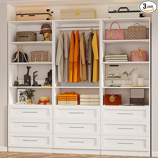 Closet System with 3 Sets, 6–16 FT Closet System with 9 Drawers, 9 Shelves & 4 Adjustable Hanging Rods, Max 189.3" Closet Organizer Systems for Walk-in Closets, Modular Custom Closet Tower, White