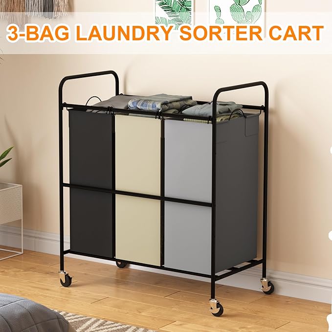 3 Section Laundry Hamper, 120L Large Rolling Laundry Sorter Cart, Laundry Basket with Lockable Wheels & Removable Bags, Laundry Room Organization for Dirty Clothes Storage
