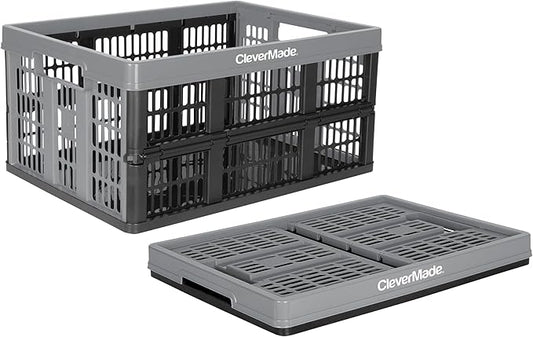 CleverMade Collapsible Utility Crate, Stone, 1PK - 32L (8 Gal) Collapsible Storage Bins, Holds 40lbs Per Bin - Plastic Stackable Grated Wall Utility Containers, CleverCrates Baskets