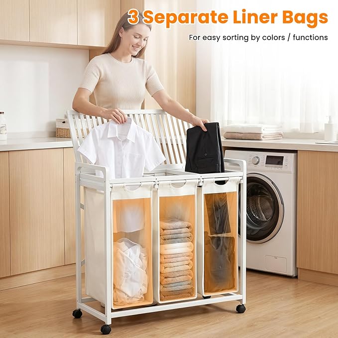 Bamboo Laundry Hamper 3 Section with Lid, 150L Laundry Sorter with Lockable Wheels, Pull-Out Removable Washable Bags, 3 × 12.5 Gal Divided Laundry Baskets for Laundry Room, Bathroom (White)