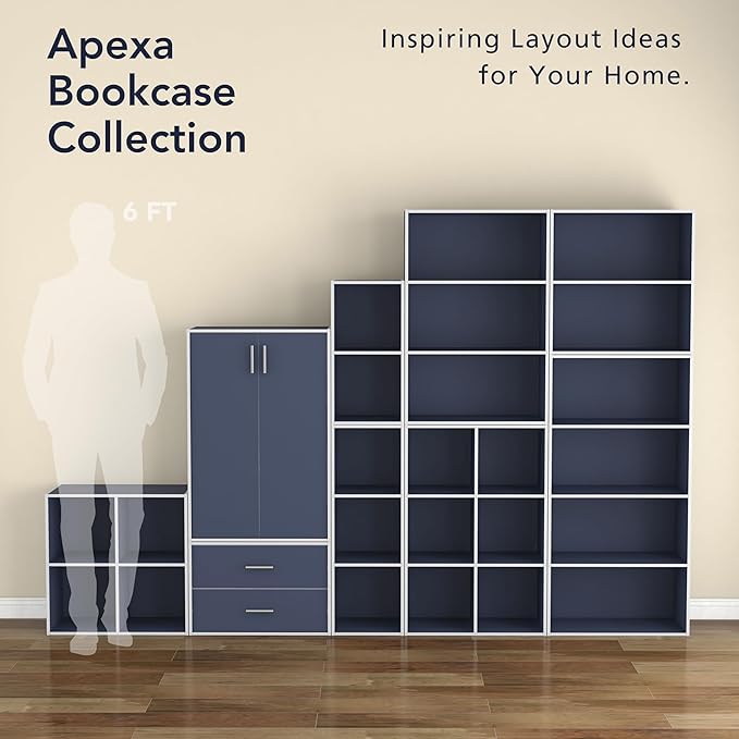 Homes: Inside + Out Apexa 3-Cube Storage Organizer Shelves, Stackable Wood Bookcase Fits Cubby Bins for Organization, Dorm Teen Room Decor & Home Office, Steel Blue