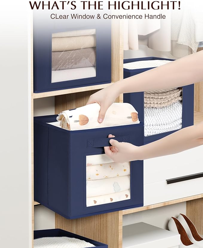 Homsorout Storage Cube 11 Inch - Cube Storage Bins with Window, Closet Storage Baskets with Handle, Fabric Bins for Closet, Shelves, Toys, Clothes, Set of 6, Navy Blue