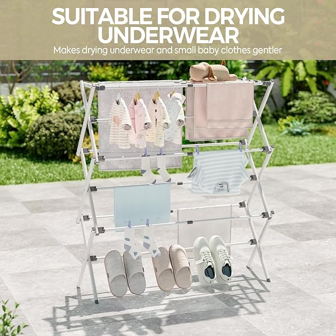 APEXCHASER Clothes Drying Rack, Foldable & Extendable Laundry Rack with Adjustable Size (14.57in-35.43inW), Space-Saving, Rust-Resistant Frame & Floor Protection for Indoor/Outdoor Use, White
