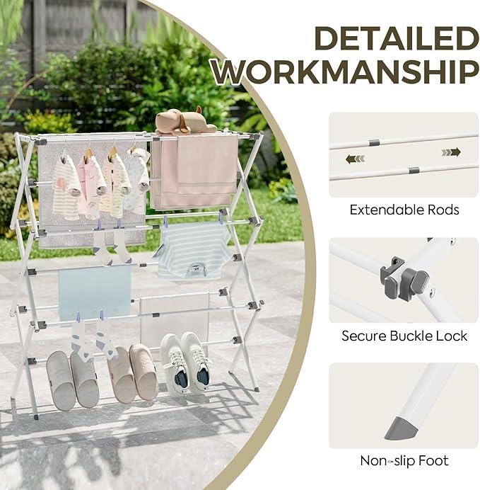 APEXCHASER Clothes Drying Rack, Foldable & Extendable Laundry Rack with Adjustable Size (14.57in-35.43inW), Space-Saving, Rust-Resistant Frame & Floor Protection for Indoor/Outdoor Use, White