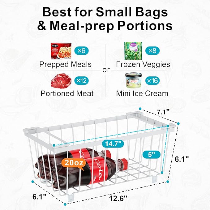 iSPECLE Freezer Organizer Bins - Fits 7 Cu.Ft Chest Freezer, 4 Pack Stackable Wire Baskets(14.7" Length), Heavy Duty Coated Deep Freezer Organizer, Rust Resistant for Frozen Food Sorting, White