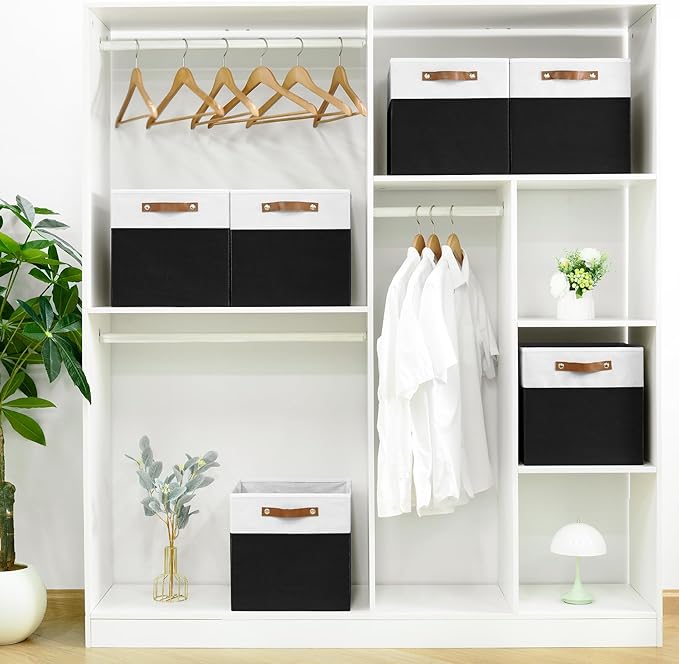 FinishingBo 6-Pack Storage Cubes with Handles & Label Holders Basket, Closet Cube Home Organizer Bins(White/Black, 13 x 13 x 13 inch)