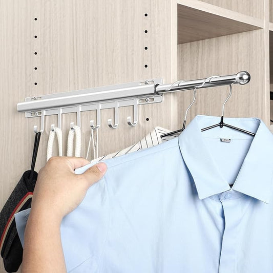 BaiNong 16.5 inch Valet Rod for Closets Pull Out Closet Valet Rod Slide Out Extra Long Silvery Valet Rods for Closets With 6 Hooks