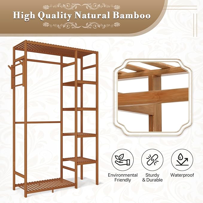 Athena Collection 35" Bamboo Garment Rack Multi Tier Clothes Rack Storage Shelves with Side Hooks & Pants Rack, Heavy Duty Clothing Hanging Rack Freestanding Indoor Wardrobe Closet Organizer, Brown