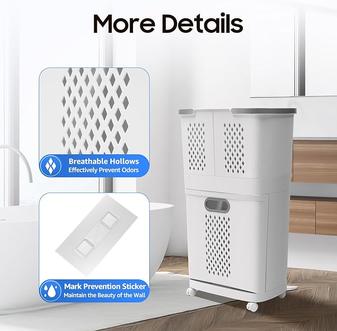 2 Tier Plastic Laundry Hamper, Removable Household Bathroom Clothes Storage Basket Cart Floor Standing Large Carrying Laundry Hamper with Handle and 4 Wheels for Bedroom, Bathroom