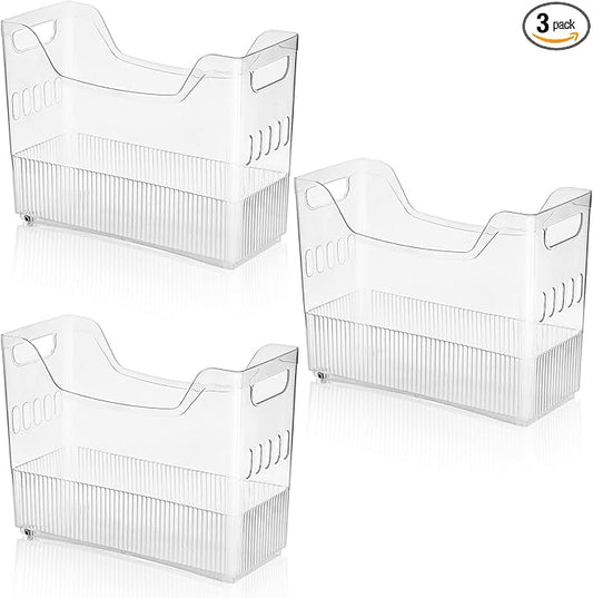 Peohud 3 Pack Freezer Organizer Bins with Wheels, Clear Plastic Pantry Storage Organizer with Handle, Tall Narrow Kitchen Organization Rolling Bins for Fridge, Cabinet, Bathroom, Under Sink, Office