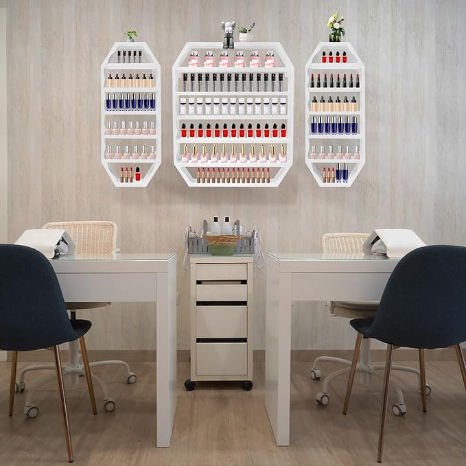 Wall-Mounted Nail Polish Storage Racks, 3PCS Multi-Tiers Metal Cosmetic Display Rack Lipstick Perfume Display Rack with 1 Middle Rack & 2 Side Racks for Spa Nail Salon Shop (White)