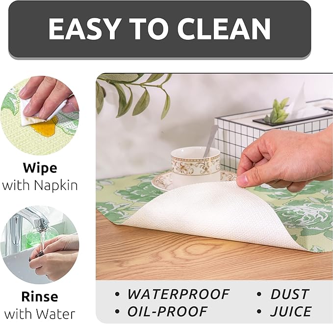 FIFTY FEET 18X96 Inch Shelf Liner for Kitchen Cabinets, PVC Drawer Liner for Dresser Non-Slip Bathroom, Non-Adhesive Cabinet Liner Washable (Green Flower)(2 Roll)