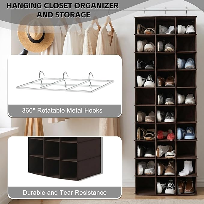 coastal rose Hanging Shoe Closet Organizer, 30 Sections Hanging Closet Organizers and Storage Shelves, Space Saving Shoe Rack Holder Hanger, Coffee