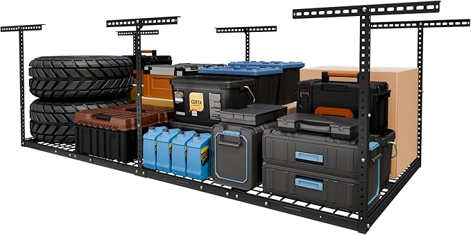 FLEXIMOUNTS 4x8 Overhead Garage Storage Rack, Adjustable Organization System, Heavy-Duty Metal Ceiling Racks, 750lbs Weight Capacity, Black, Classic Series