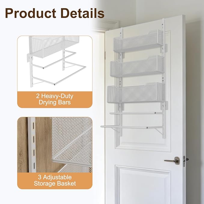 VyGrow Over the Door Storage Organizer with 3 Tier Mesh Baskets 2 Hanging Rods, 2 Mounting Options, Heavy Duty Clothes Hanger & Towel Rack for Bathroom Bedroom Office, White