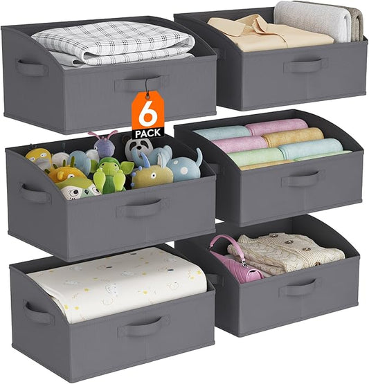 Lifewit Trapezoid Closet Storage Bins for Shelf, 6 Packs Non-woven Closet Organizer Baskets with Handles, Foldable Clothes Containers Boxes for Clothing, Book, Purse, 19L, Large, Gray