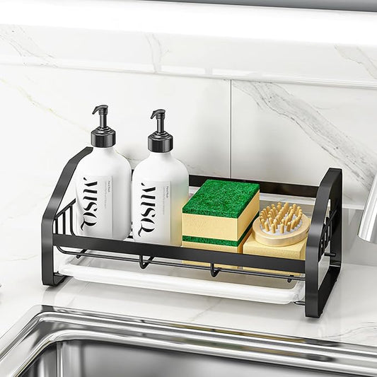 BSKSSK Sink Caddy, Sponge Holder for Kitchen and Bathroom, 304 Stainless Steel Countertop Organizer Soap Tray With Removable Drain Tray - Black Length Version
