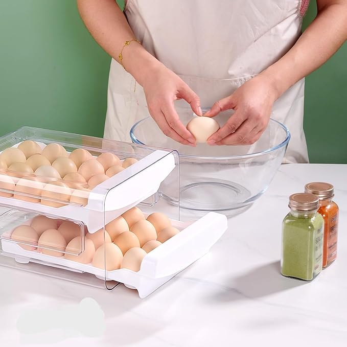 SYLAB Egg Holder for Refrigerator - 40 Eggs Capacity, 2-Tier Stackable Auto-Rolling Egg Container with Drawer & Handles - Clear BPA-Free Egg Storage Organizer for Fridge, Kitchen Countertop & Pantry