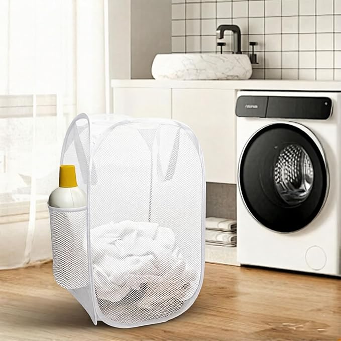 Pop up hamper, the upgraded laundry basket with breathable side pocket mesh. Ideal for room, apartment, dormitory, travel, business trip & kids storage(1,white)