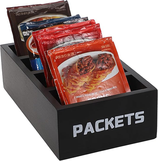 BSTKEY Seasoning Packet Organizer, Food Packet Storage Organizer with 4 Compartments, Black Wooden Storage Caddy for Kitchen Pantry Cabinet, Farmhouse Kitchen Organization Bin for Snacks Spice Packets