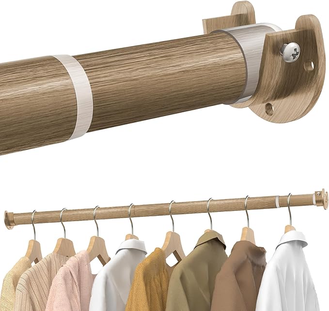 Supforce Closet Rods for Hanging Clothes, 17 to 39 Inches Stepless Adjustable Metal Closet Rod, 1.3 Inches Heavy Duty Clothes Hanging Rod for Closet Wardrobes Laundry RV(Wood Grain)