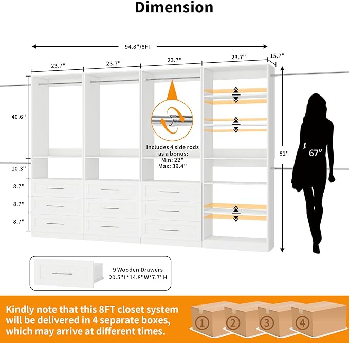 Closet System, 8FT-21FT Closet Organizer Systems with 9 Wooden Drawers 9 Shelves & 5 Hanging Rods, Walk in Closet Small Corner Modular Closet Storage System White 4 Sets (8FT)