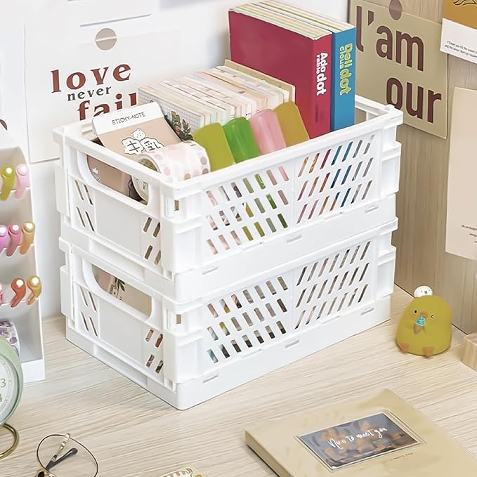 Tobeso-Nuoze Pastel Plastic Storage Baskets 2 Pack, Collapsible Crates for Organizing, Space-Saving Bins for Kitchen, Office, Bedroom (Grey, Medium:9.8" x 6.5" x 3.8")