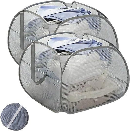 Collapsible Laundry Basket 90L, Foldable Mesh Pop-up Laundry Hamper with Handles, Dirty Clothes Hamper for Laundry with Side Storage Pocket(Gray, 2PCS)