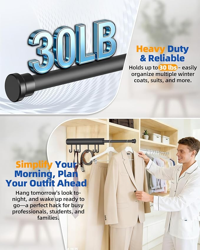 12 Inch Valet Rod for Closet Pull Out, Expandable with 6 Hooks, Closet Rod for Laundry, Bedroom & Tomorrow’s Outfit (Black, 1 Pack)