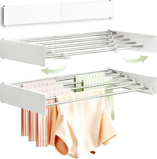 BOQORAD Clothes Drying Rack Wall Mounted 32“,Drying Rack Clothing Wall Mount,Laundry Drying Rack,Wall Mounted Clothes Hanging Rack (White)