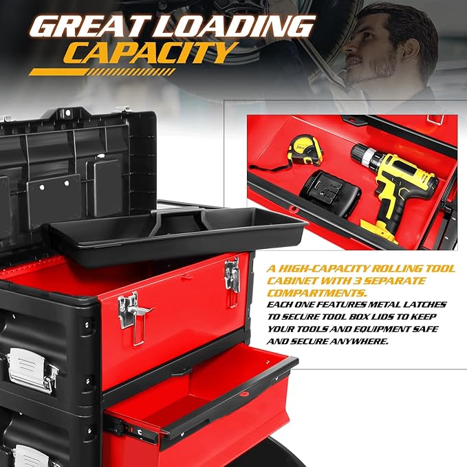 Magshion Heavy-Duty Rolling Tool Box, 3-Tier Stackable Tool Chest System with Wheels & Drawers, Modular Organizer for Small Parts and Tools, Mobile Garage Workshop Storage in Black/Red