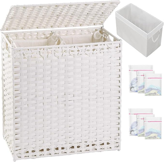 SETVSON Laundry Hamper with Lid Wicker Laundry Basket 112 L (29.6 Gal) Laundry Hampers Handwoven Rattan Clothes Hamper with Handles 3 Removable Liner Bag, 6 Mesh Bags for Bathroom Bedroom White