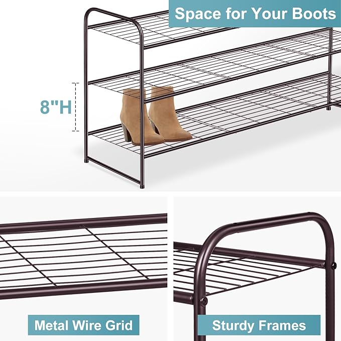 AOODA Long 3 Tier Metal Shoe Rack for Closet Wide Stackable Shoe Storage Organizer for Entryway, Bedroom, Floor, 24-Pairs Men Sneakers Shoe Shelf with Wire Grid, Brown