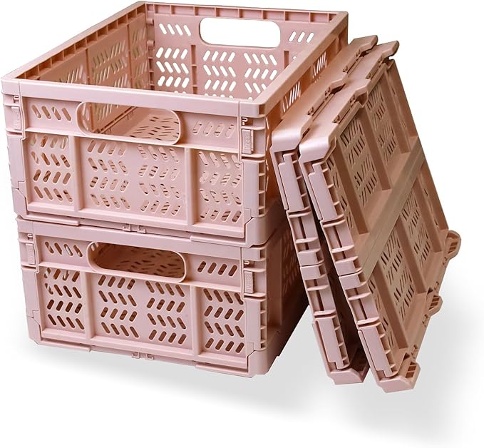 20L Foldable Crates, 4Pack Plastic Baskets for Home and Office,Plastic Folding baskets,Collapsible Crates for Chrismas Gifts, Toys Storage. (Light Pink,15.7x11.8x6.3Inc)