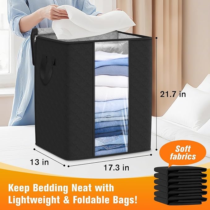 SpaceTrove Clothes Storage Bags, 4-Pack Comforter Blanket Organizers, 80L Large Capacity Containers with Visual Window for Clothing, Quilt, Sheet, Pillow, Closet Organization for Bedding (Black)