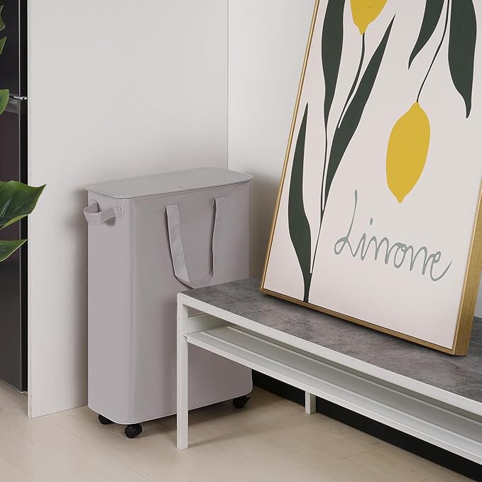 Vincona Slim Laundry Hamper with Lid and Wheels, Small Rolling Laundry Basket with Handle for Small Spaces, Tall Dirty Clothes Hampers for Dorm, Bathroom and Bedroom, 55L, Grey
