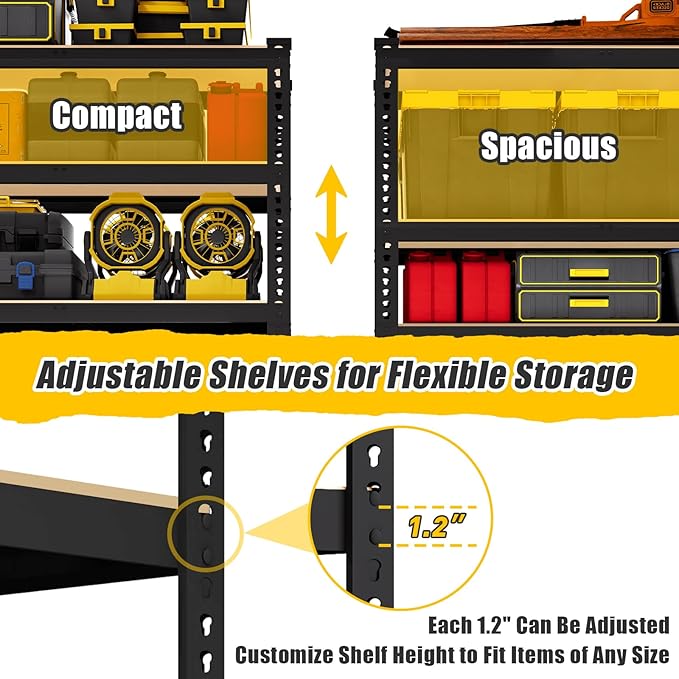 5-Tier Metal Storage Shelves: Heavy Duty Garage Shelving Adjustable Shelves for Storage - Black Utility Rack Shelf for Pantry, Warehouse, Office, Kitchen, 28" W x 12" D x 59" H, 2PCS