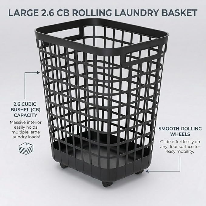 Rolling Laundry Hamper with Smooth-Glide Wheels, 2.6 Bushel Large Capacity Plastic Clothes Basket, Tall Ventilated Open-Top Bin for Easy Access, No Assembly Required Space Saving Storage, Black