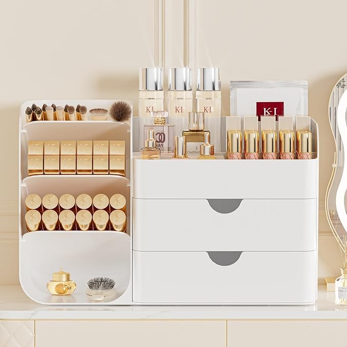 Booklov Makeup Organizer for Vanity, Countertop Cosmetic Display Case with Drawers, Bathroom Counter Beauty Caddy, Comfyroom Table Storage Holder for Skincare, Brush Eyeliner Eyeshadow Lipstick, White