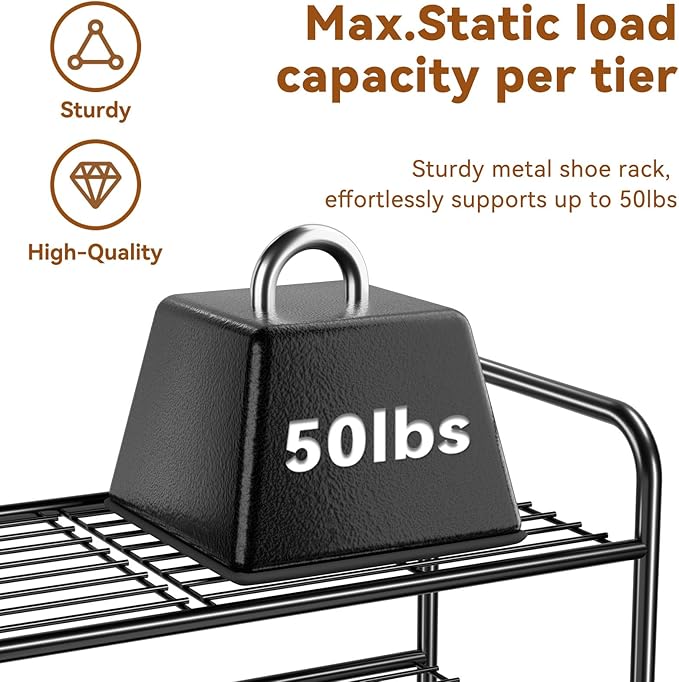 4 Tier Shoe Rack, 27 Inch Wide Stackable Metal Shoe Organizer Shelf for Closet Heavy Duty, Adjustable, Black