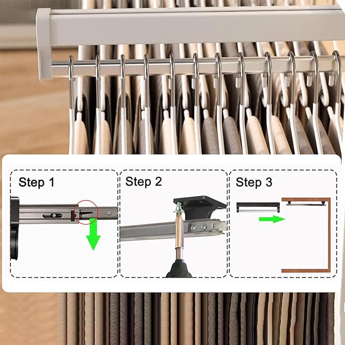 Pull Out Closet Valet Rod, Adjustable Sliding Heavy Duty Steel Top Mounted Clothes Storage Hanger Rail for Closet Wardrobe (447mm/17.6inch)
